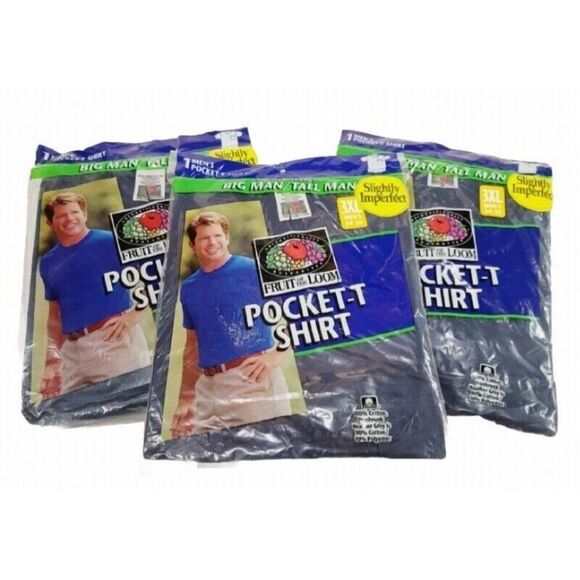 3pk Vintage FRUIT OF THE LOOM Cotton Pocket Tshirt Slightly Imperfect Navy, 3XL - Picture 1 of 10